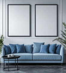 Modern blue sofa with decorative pillows and empty frames in stylish living room interior design