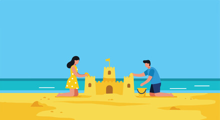 Building A Sandcastle Couple works on a sandcastle at the beach on a summer day