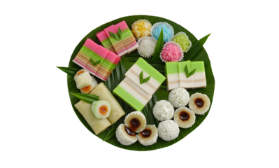 A mix of traditional Malay kuih, this sweet dessert is presented on a jute-lined palm leaf plate.