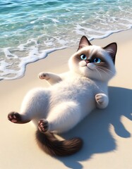 a white fluffy cat, Siamese color, lying on his back, happily sunbathing and basking on the white sand of the beach, the water far from him, splashes of gentle waves, transparent blue ripples on the w