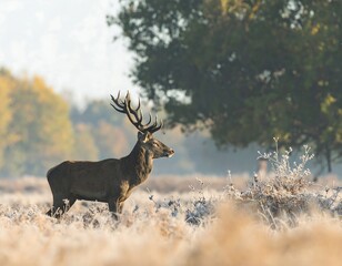 Obraz premium A majestic stag stands in a frosty meadow during a crisp autumn morning, its impressive antlers silhouetted against the soft, golden light.