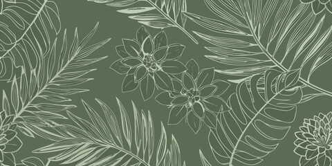 Elegant botanical line art pattern with palm leaves and flowers on a sage green background