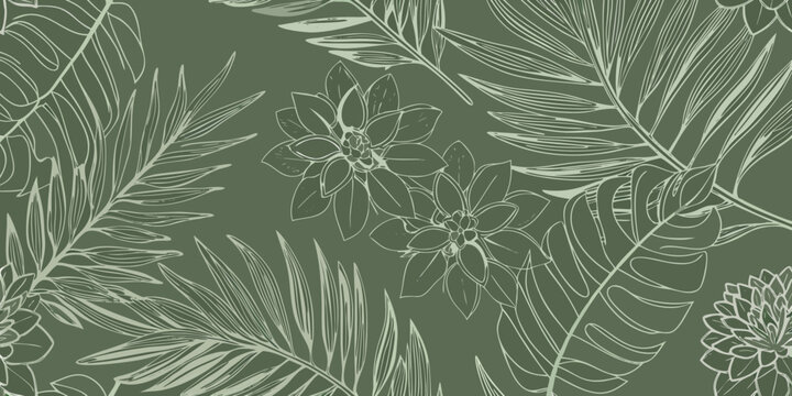 Elegant botanical line art pattern with palm leaves and flowers on a sage green background