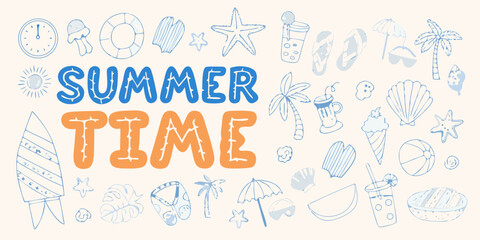 Fototapeta premium Summer time doodle collection with beach and tropical elements
