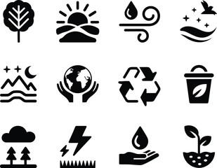 Ecological Icons Set Environment and Conservation Conceptual Pictograms Featuring Tree Sun Wind Earth Recycle and Green Energy Themes