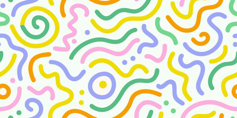 Abstract playful pattern with colorful wavy lines and dots