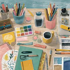 Fototapeta premium Artist's Workspace with Art Supplies and Sketchbooks on Wooden Table artist supplies artwork