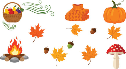 Autumn Clipart Collection with Leaves, Pumpkin, and Cozy Elements

