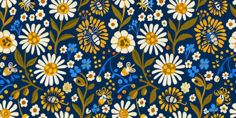 Whimsical floral pattern with daisies and blue flowers on a dark blue background