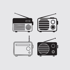 Fototapeta premium Collection of four vintage radio illustrations in silhouette and outline styles. Retro broadcast communication technology icons set.