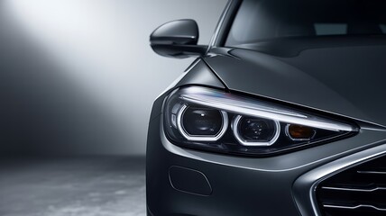Close up of a modern car headlight automotive design and technology concept reflecting innovation in transportation
