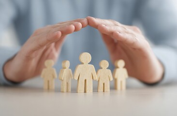 Protecting family, health, and house insurance concept with businessman covering wooden family figures with hands