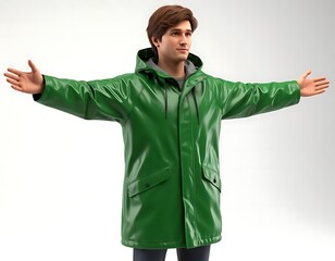a man in a green raincoat on a white background, arms outstretched, brown hair, cartoon, 3d,
