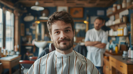 Obraz premium Young man smiling in barbershop portrait