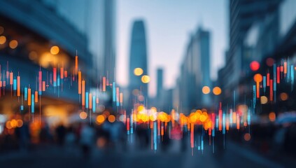 Blurred cityscape overlaid with stock market charts