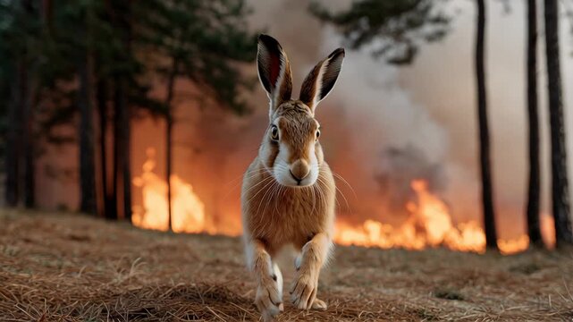 Brown rabbit running through a forest with flames in the background, showcasing the urgency and danger of a wildfire, surrounded by trees and dry grass, highlighting the impact of environmental disast