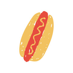 Hand Drawn Hot Dog Icon. Fun Fast Food Vector illustration with mustard in a crayon and chalk sketch style with grunge texture for playful menu and cafe art.