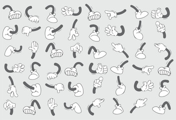 vector file Retro cartoon legs and hands, Hands with gloves and feet with boots, various poses for characters, a set of poses, gestures, placement of hands and feet. Cartoon set of limbs. eps 