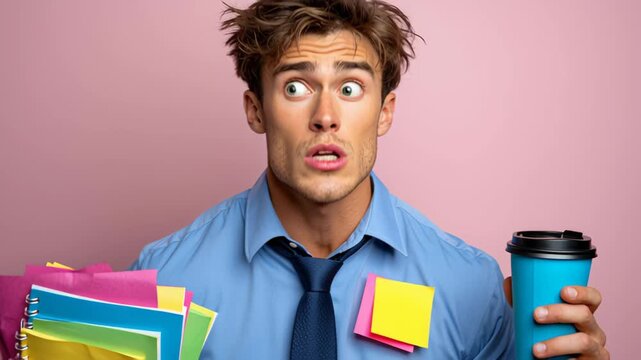 Male office worker with messy hair, holding colorful sticky notes and notebooks in one hand, while surprised expression shows stress, holding coffee cup in other hand, against pink background