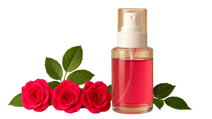 Transparent PNG of Glass Spray Bottle with Pink Liquid and Red Roses