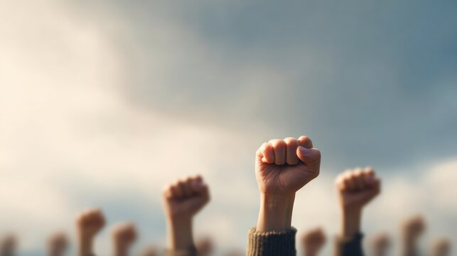 People protesting with raised fists, demanding equal rights and freedom, uniting in their struggle for justice and empowerment