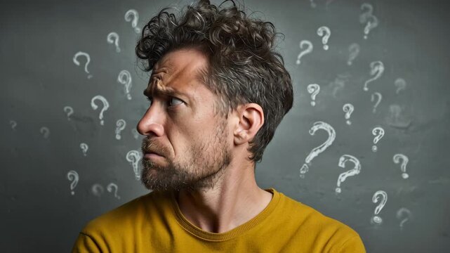 Male individual with curly hair wearing a yellow sweater, displaying a confused expression against a gray background filled with question marks, symbolizing uncertainty and curiosity in life situation