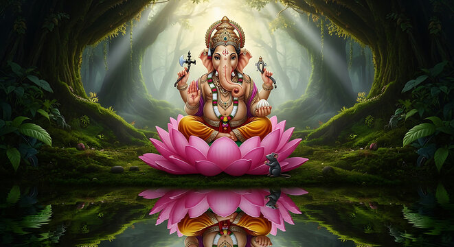 Ganesha meditating on pink lotus in lush green forest with water reflection