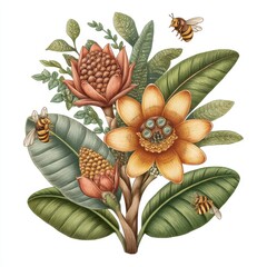 Obraz premium Detailed Botanical Illustration of Yellow and Orange Flowers with Honeybees