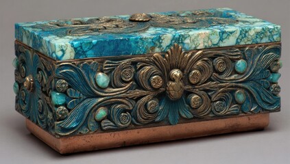 Rectangular turquoise box with brass inlays and carvings