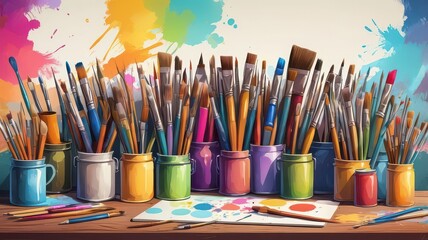 Obraz premium A colorful array of paintbrushes in various containers on a wooden surface with paint splatters behind