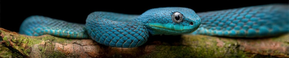 Fototapeta premium Close up of a striking blue viper with detailed scales and eye