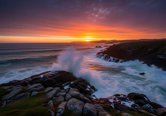 Obraz premium Majestic Sunset Over Rocky Coastline