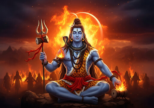 Lord Shiva meditating with trident and damaru drums surrounded by fire