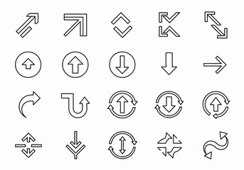 Collection of Black Line Arrow Icons in Various Directions.