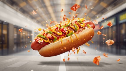 hot dog on a hot day, hot dog explosion in the air