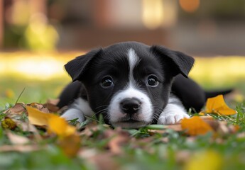 Adorable black and white puppy resting on grassy ground surrounded by colorful autumn leaves in soft natural light