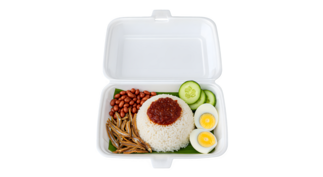 Nasi lemak packed in a styrofoam box, isolated on a white background with a clipping path.

