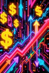 digital abstract background with glowing dollar signs, charts, and arrows pointing upwards, vibrant neon colors, modern and engaging.