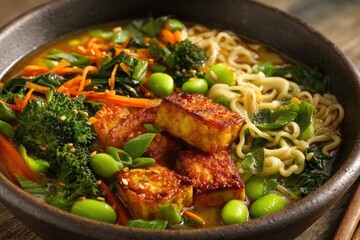 Fototapeta premium Delicious Vegan Ramen Bowl with Crispy Tofu and Fresh Vegetables