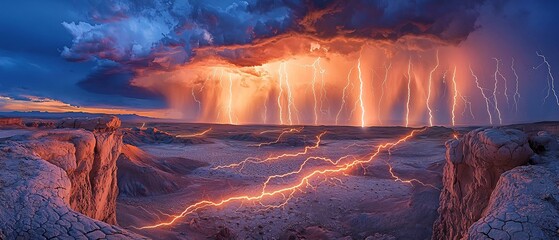 Lightning storm over a desert electric bolts striking the ground and lighting up the barren landscape with surreal crackling energy