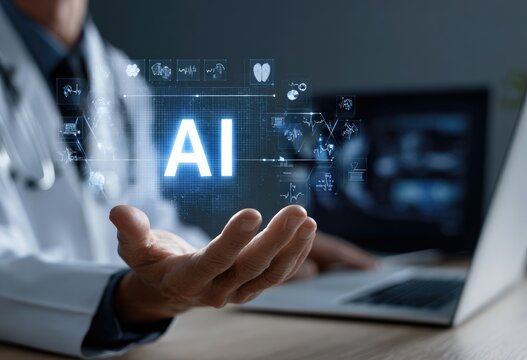 Doctor's hand holding holographic AI interface