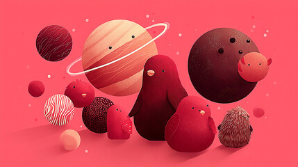 Playful cartoon-style scene featuring whimsical birds and planets against a vibrant pink background