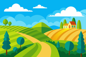 Obraz premium Peaceful Countryside Landscape Illustration