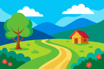 Obraz premium Peaceful Countryside Cottage Landscape Illustration