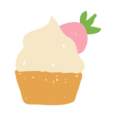 Hand Drawn Cupcake Icon. Playful Sweet Dessert Food Vector illustration with frosting and strawberry in chalk and crayon style with grunge texture for bakery art.