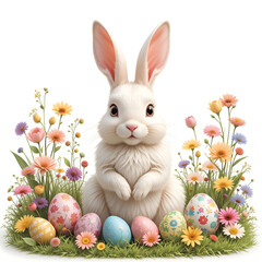 Fototapeta premium Easter bunny, colorful eggs, and spring flowers on a white folk-style background, celebrating joy.