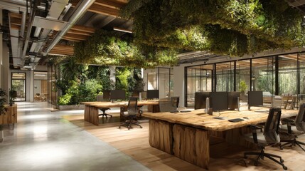 Fototapeta premium Sustainable Workspaces. Eco-friendly offices, leafy plants, natural materials.