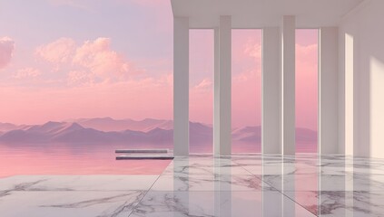 White architectural structure overlooking a pink sunset over mountains