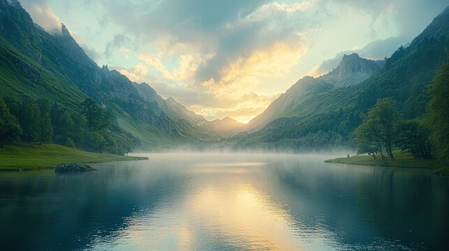 Serene mountain lake at sunrise - Powered by Adobe