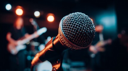 Close-up of a microphone on stage during a live music performance at night in an intimate venue